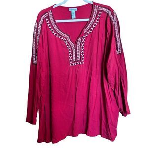 Catherines Tunic Top Womens 2X Red Boho Embroidered Trim Cold Shoulder Blouse